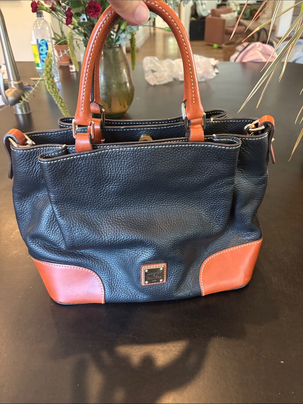 Dooney & Bourke Black Pebbled Leather Satchel with Tan Accents